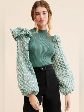 Flat White Anthropologie Ribbed Mockneck Top Patterned Puff Sleeves Green Teal